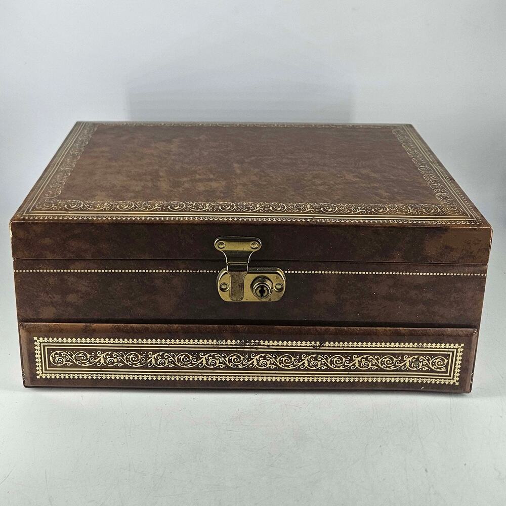Vintage Mele Jewelry Box gold detail velvet lined w Lock n Key